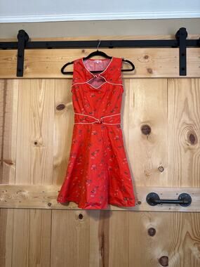 Trollied Dolly Mod Cloth Red/Orange Sleeveless Poplin Dress Bird Floral Size S